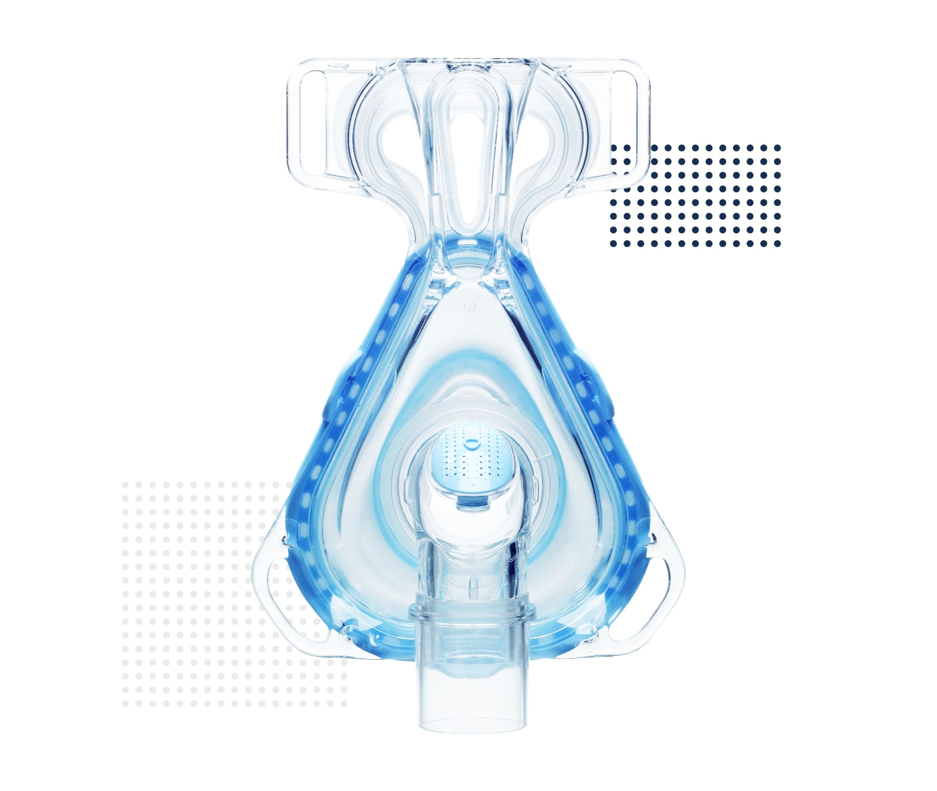 Maska do terapii oddechowej CPAP w kolorze przezroczystym z niebieskimi elementami.