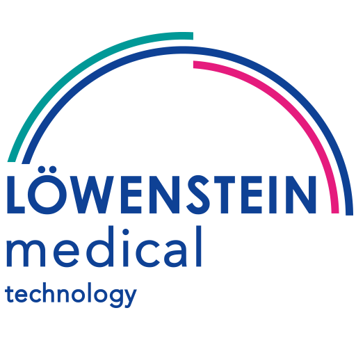 Logo firmy Löwenstein Medical Technology z kolorowym łukiem nad nazwą.