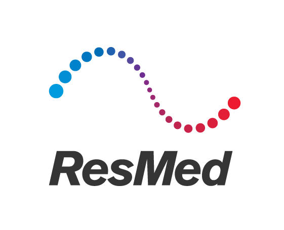 Logo firmy ResMed z falą złożoną z kolorowych kropek nad nazwą marki.