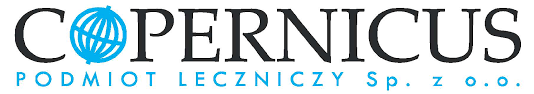 Logo Copernicus Podmiot Leczniczy z niebieskim symbolem globu w literze "O".