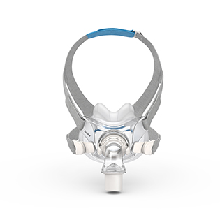 Maska do terapii CPAP z przezroczystym panelem i szarymi paskami do mocowania na głowie.