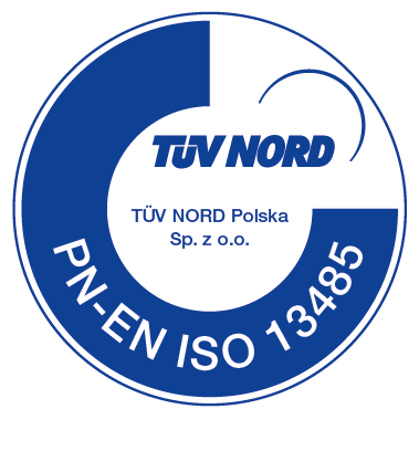 Niebieski znak certyfikatu TÜV NORD Polska PN-EN ISO 13485.