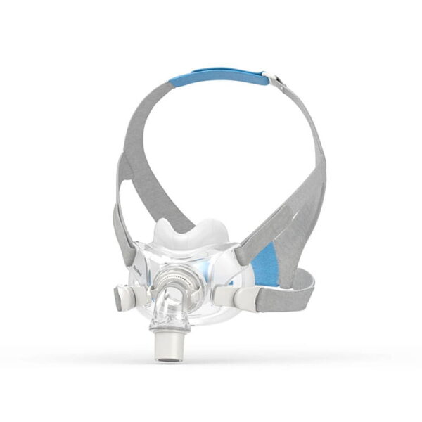 Maska CPAP do leczenia bezdechu sennego z szarymi paskami i niebieskimi wstawkami, widok z przodu.