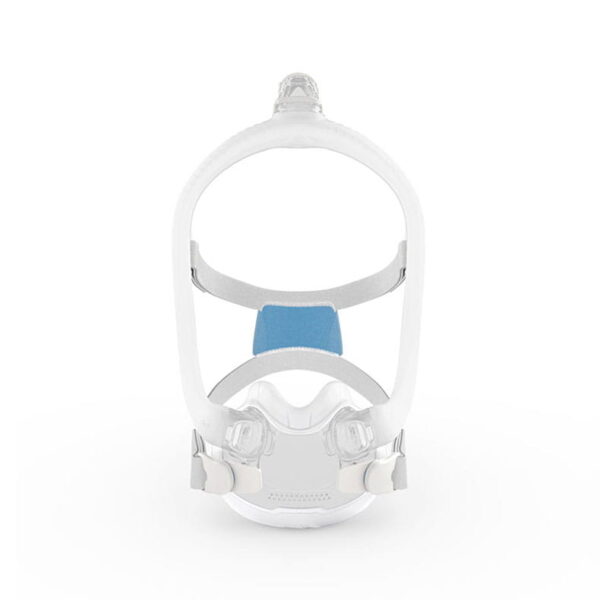 Maska do terapii CPAP z paskami i silikonową poduszką, widok od przodu na białym tle.
