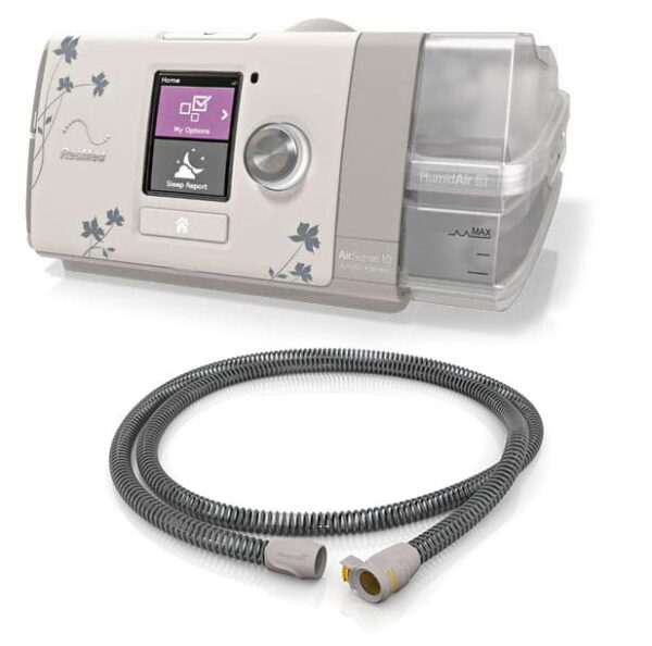 Aparat CPAP z wyświetlaczem i rurą do terapii bezdechu sennego.