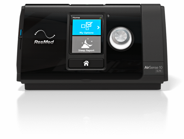 Aparat CPAP ResMed AirSense 10 Elite z ekranem wyświetlającym opcje i raport snu.