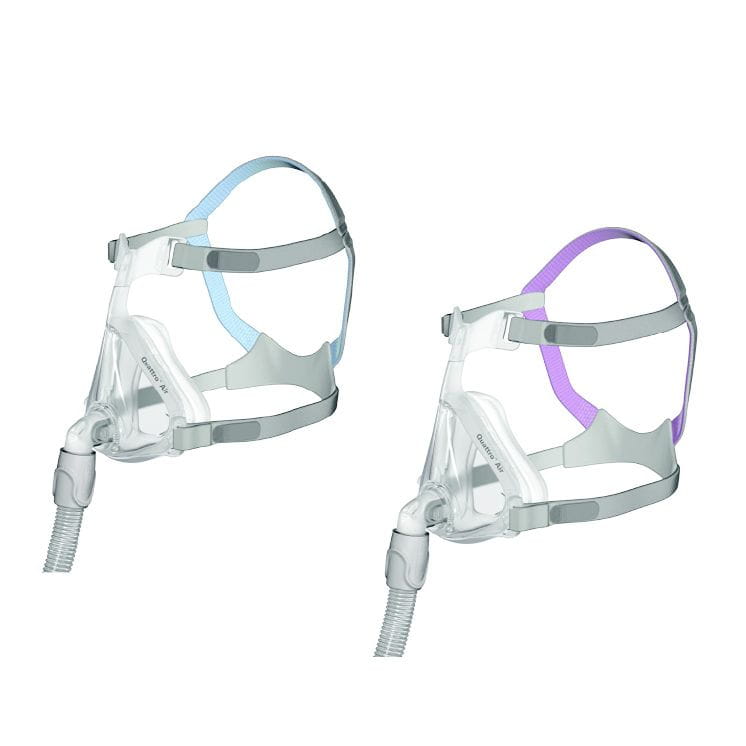 Quattro-Air-for-Her-dla-kobiet Dwie maski do terapii CPAP z kolorowymi paskami, przeznaczone do leczenia bezdechu sennego.