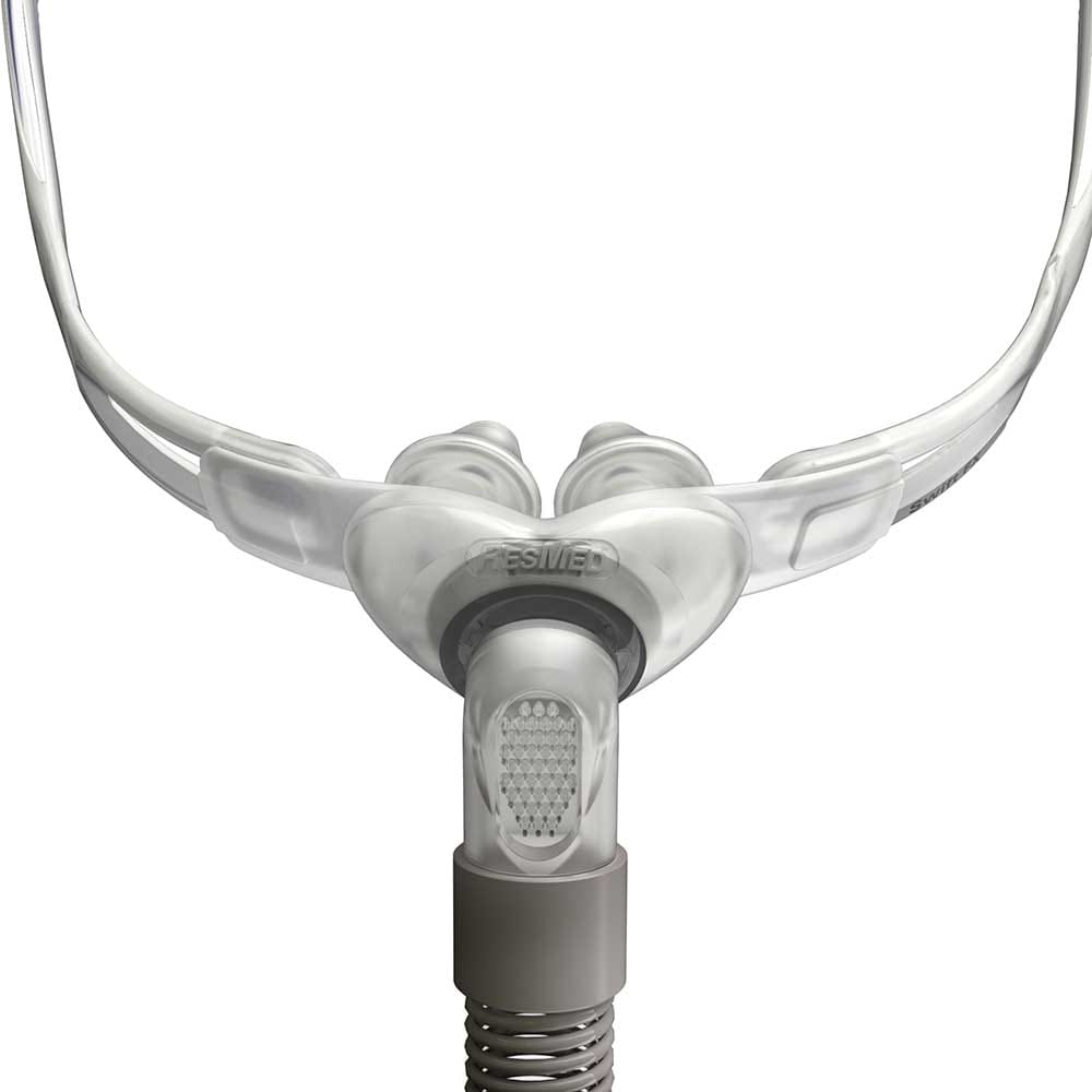 maska-cpap-donosowa-swift-fx-resmed-polska Maska nosowa do aparatu CPAP do leczenia bezdechu sennego, widok z przodu.