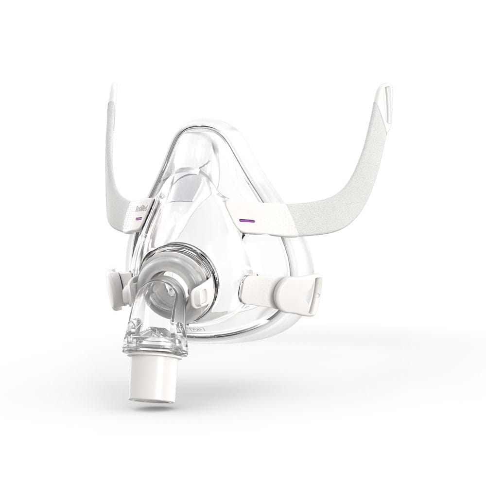 p-EU-63494-ResMed-QuietAir-Quiet-CPAP-Mask-Elbow-02-Medium Maska do terapii CPAP z przezroczystą silikonową częścią nosowo-ustną i paskami mocującymi.